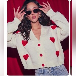 Listen To Your Heart Knit Button Front Cardigan - White and Red